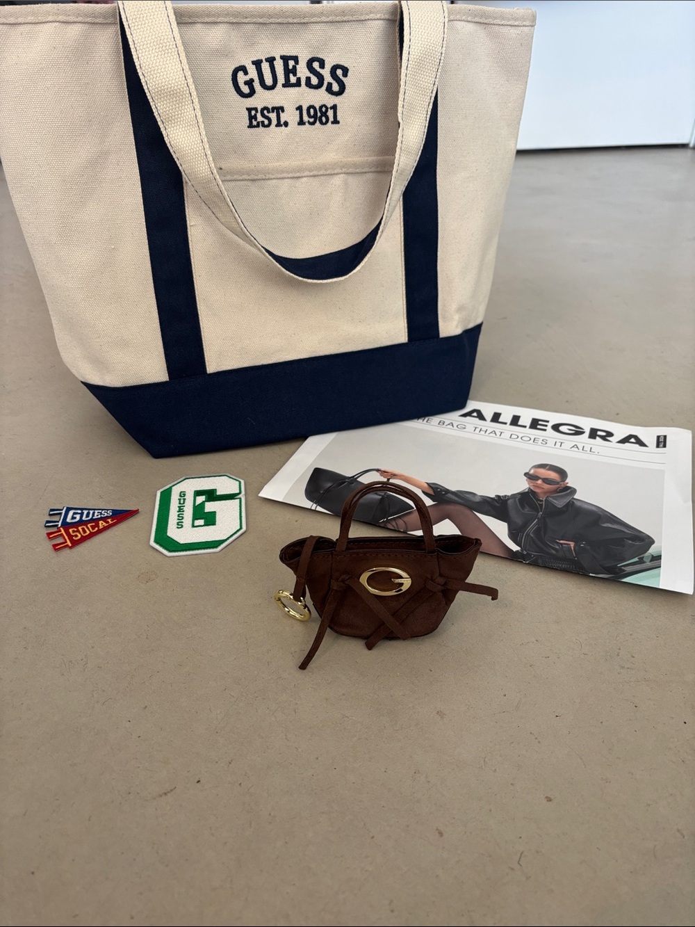 New GUESS Allegra LA Pop Up Allegra mini bag keychain, tote & decals, & lookbook